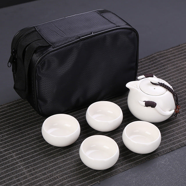 Four Cup Porcelain Traveling Tea Set. Great "On-The-Go" *