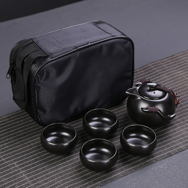 Four Cup Porcelain Traveling Tea Set. Great "On-The-Go" *