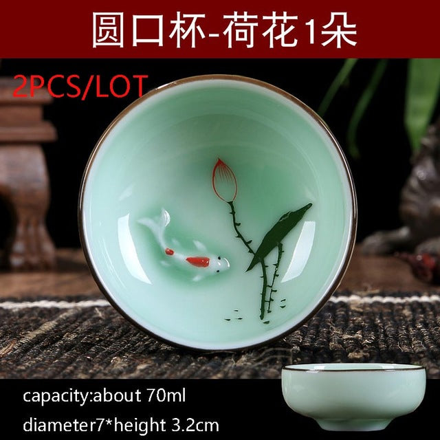 New Multiple Varients 2PCS/Lot Chinese Style Longquan Celadon Teacup Hand Painted Vintage Pattern Vintage Small Tea Bowls Master Pu Er Tea Cups Gifts