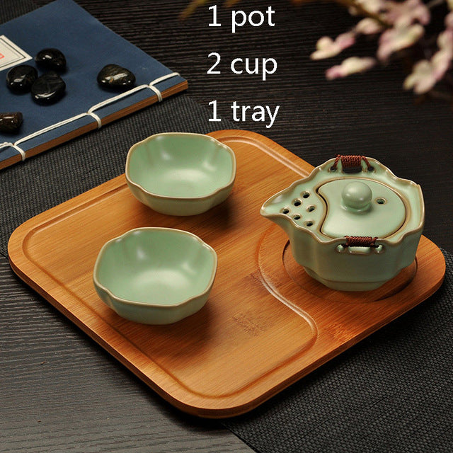 Two Cup and Gaiwan Kung Fu Tea Set with Serving Tray - Crackle or Smooth Finish