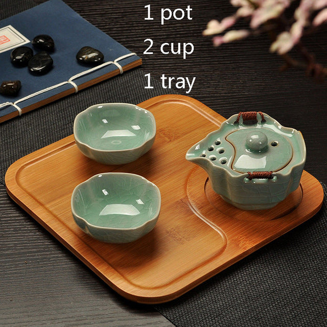 Two Cup and Gaiwan Kung Fu Tea Set with Serving Tray - Crackle or Smooth Finish