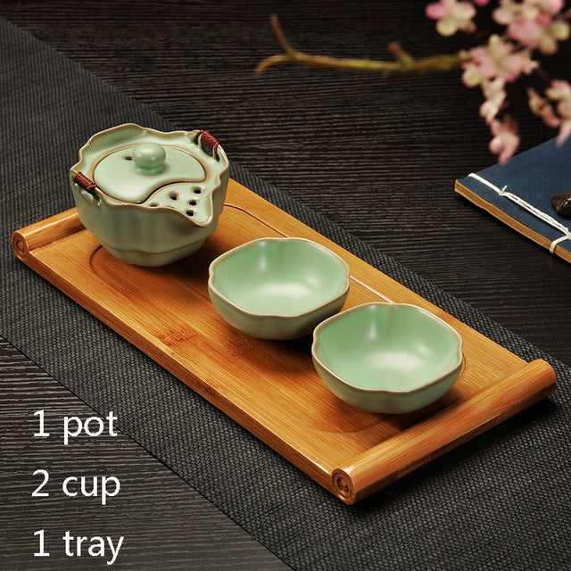Two Cup and Gaiwan Kung Fu Tea Set with Serving Tray - Crackle or Smooth Finish