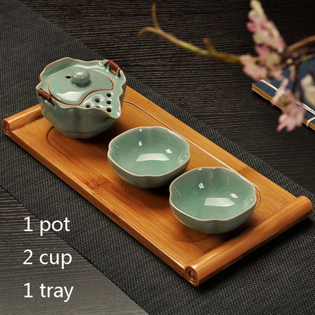 Two Cup and Gaiwan Kung Fu Tea Set with Serving Tray - Crackle or Smooth Finish