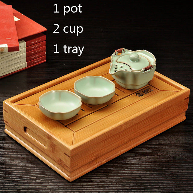 Two Cup and Gaiwan Kung Fu Tea Set with Serving Tray - Crackle or Smooth Finish