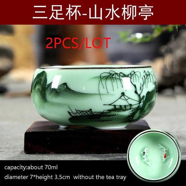 New Multiple Varients 2PCS/Lot Chinese Style Longquan Celadon Teacup Hand Painted Vintage Pattern Vintage Small Tea Bowls Master Pu Er Tea Cups Gifts