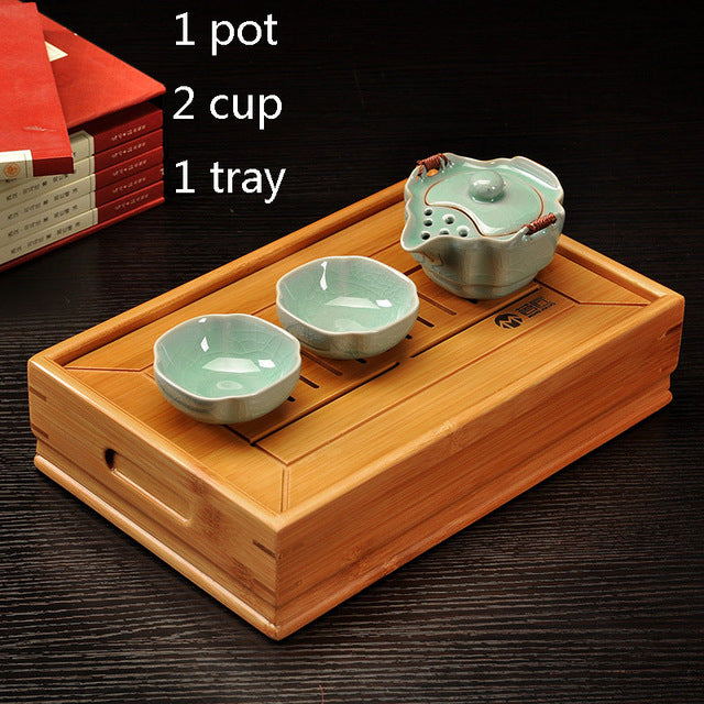 Two Cup and Gaiwan Kung Fu Tea Set with Serving Tray - Crackle or Smooth Finish