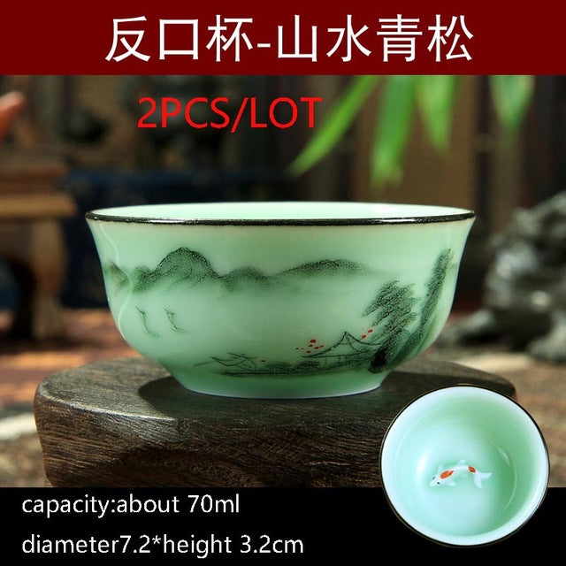 New Multiple Varients 2PCS/Lot Chinese Style Longquan Celadon Teacup Hand Painted Vintage Pattern Vintage Small Tea Bowls Master Pu Er Tea Cups Gifts