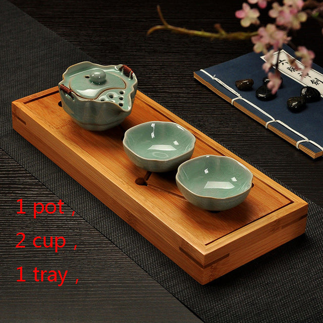 Two Cup and Gaiwan Kung Fu Tea Set with Serving Tray - Crackle or Smooth Finish