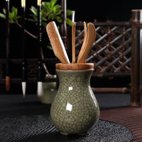 Chinese Celadon Ceramic Vase with 5 Piece Bamboo Tea Tools For Kung Fu Ceremony