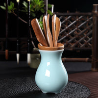 Chinese Celadon Ceramic Vase with 5 Piece Bamboo Tea Tools For Kung Fu Ceremony