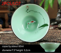 New Multiple Varients 2PCS/Lot Chinese Style Longquan Celadon Teacup Hand Painted Vintage Pattern Vintage Small Tea Bowls Master Pu Er Tea Cups Gifts