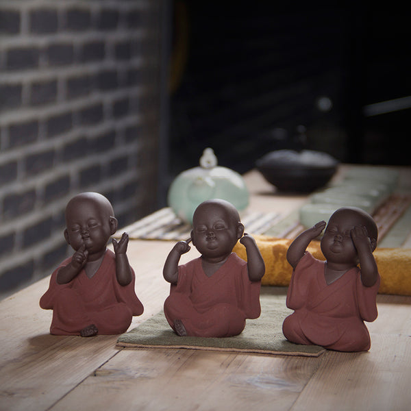 Purple Clay Sand Buddha Monk Tea Pets - Don't Look - Don't Talk - Don't Listen