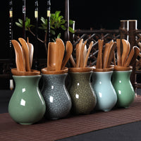 Chinese Celadon Ceramic Vase with 5 Piece Bamboo Tea Tools For Kung Fu Ceremony