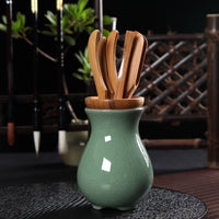 Chinese Celadon Ceramic Vase with 5 Piece Bamboo Tea Tools For Kung Fu Ceremony