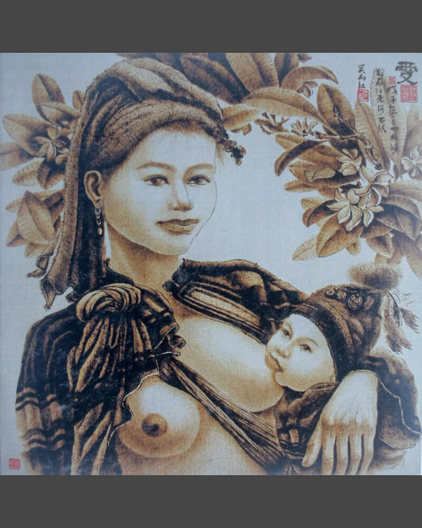 107 Naxi Wood Burned Art:  Woman Breast Feeding Baby