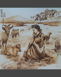 109 Naxi Wood Burned Art:  Beautiful Naxi Woman With Lambs
