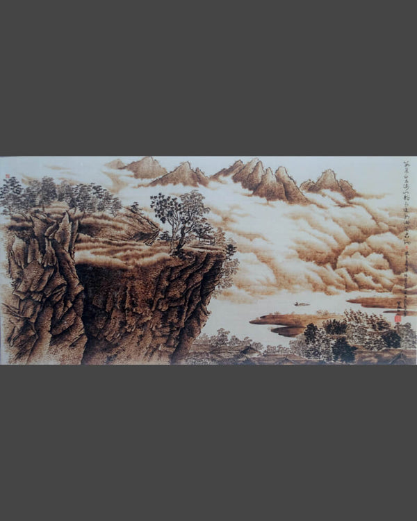 115 Naxi Wood Burned Art:  Landscape - Mountains, Clouds, River, Retreat on Cliff