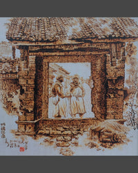 117 Naxi Wood Burned Art:  Two Old People Seen Through Window in Ancient Lijiang